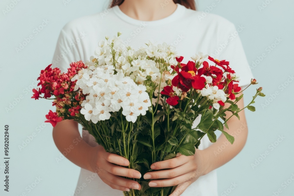Young Female Appreciating Nature while Holding a Bouquet of Flowers in Daytime Garden Setting Young Female Appreciating Nature while Holding a Bouquet of Flowers in Daytime Garden Setting