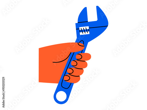 Hand drawn cute cartoon illustration hand adjustable wrench or spanner instrument. Flat vector repair tool in arm colored doodle style. Support service hardware icon. Settings or fix problem. Isolated