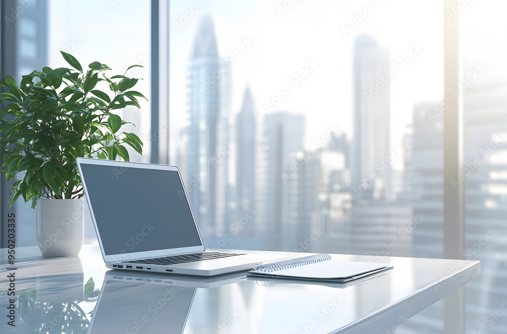 office desk with laptop and notepad, large window overlooking cityscape,workspace office desk with laptop and notepad, large window overlooking cityscape,workspace