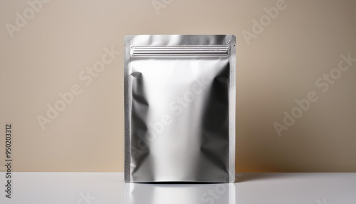 シンプルでミニマルなデザインのシルバーのスタンドアップパウチ袋が中央に配置されたものです。袋は、反射する光によって質感が強調されており、背景はややグラデーションのかかったベージュ色で、全体的に高級感があります。袋は密閉可能なジッパー付きで、食品やコーヒー豆、スナックなどの保存に適したパッケージとして使用されることが多いです。generative AI