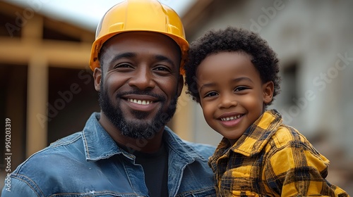 Father and son sharing a happy moment on a construction site, with the father guiding his son through the work environment. photo