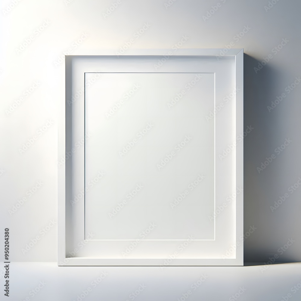 Rectangular White Photo Frame on a White Floor. Minimalist Interior Design Concept Rectangular White Photo Frame on a White Floor. Minimalist Interior Design Concept