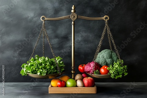 Show a set of scales with different food groups balancing perfectly on each side, highlighting the importance of balanced nutrition photo