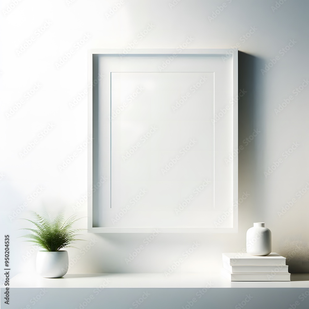 Rectangular White Photo Frame with Plant and Books. Minimalist Home Decor Concept Rectangular White Photo Frame with Plant and Books. Minimalist Home Decor Concept