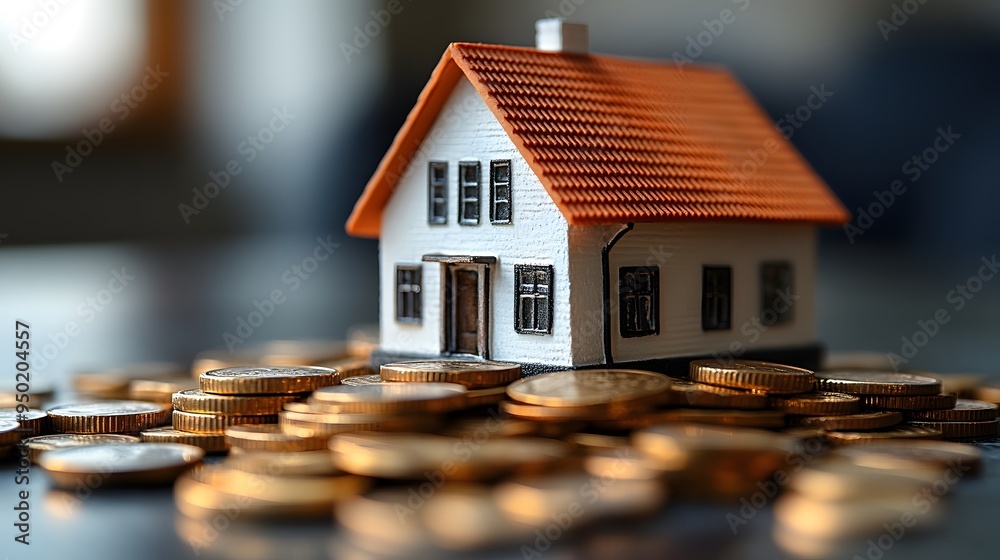 A small house model sitting on a pile of coins, symbolizing the accumulation of savings needed to purchase a home. A small house model sitting on a pile of coins, symbolizing the accumulation of savings needed to purchase a home.