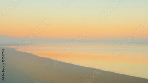 A breathtaking view of the sunset over a serene shoreline, with the sky painted in beautiful pastel hues, evoking a sense of calm and peaceful reflection.