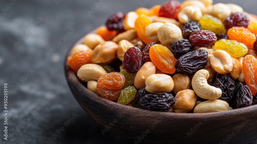 A vibrant photo of an assortment of dried fruits and variety of nuts in a wooden bowl, offering a mix of textures and flavors for a healthy, satisfying snack. A vibrant photo of an assortment of dried fruits and variety of nuts in a wooden bowl, offering a mix of textures and flavors for a healthy, satisfying snack.