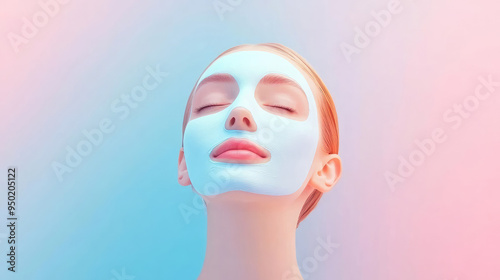 A woman with a face mask relaxing with her eyes closed against a calm pastel background. The image emphasizes tranquility and self-care.