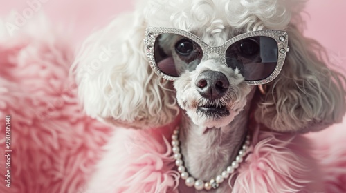 Styled poodle adorned with accessories posing in front of a pink backdrop