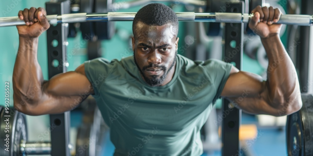 Man training in gym with earphones and barbell, focusing on fitness while listening to music or a podcast. Emphasizing energy and health in weightlifting Man training in gym with earphones and barbell, focusing on fitness while listening to music or a podcast. Emphasizing energy and health in weightlifting