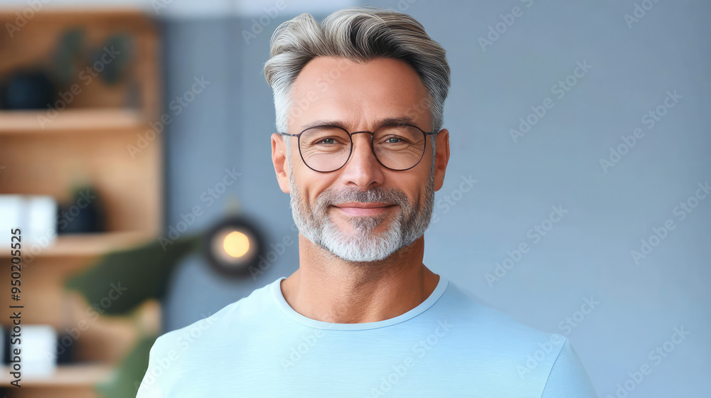 Fototapeta premium A man in a blue shirt smiles confidently in a modern setting with a subtle background, highlighting professionalism and warmth.