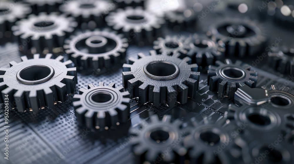 Intricate interlocking gears represent teamwork in a mechanical workspace Intricate interlocking gears represent teamwork in a mechanical workspace