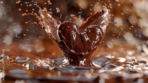 Liquid chocolate shaped like a heart splashes in a delightful display of love and sweetness photo