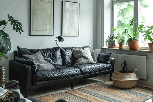 Black Leather Sofa in Scandinavian Living Room with White Walls and Minimalistic Furniture, High-Resolution Photography photo