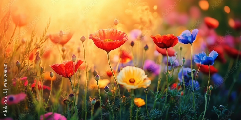 Fototapeta premium Colorful floral meadow with beautiful flowers at setting sun field landscape