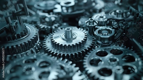 Intricate interlocking gears and cogwheels representing teamwork and industrial precision