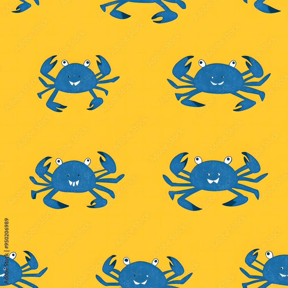 pattern of blue crabs on a bright yellow background pattern of blue crabs on a bright yellow background