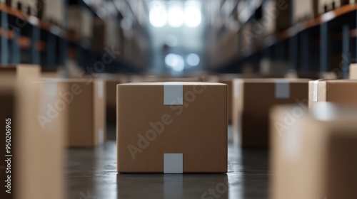 Focus is drawn to a centrally placed cardboard box amid rows of similar boxes in a well-lit warehouse, showcasing themes of organization, logistics, and storage. photo