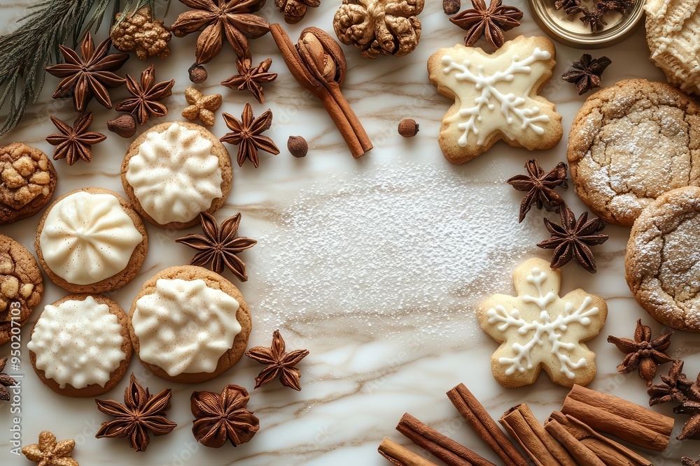 artisanal cookie workshop overhead view of a marble countertop with freshly baked cookies in various shapes and flavors dusting of powdered sugar scattered spices and vintage baking tools artisanal cookie workshop overhead view of a marble countertop with freshly baked cookies in various shapes and flavors dusting of powdered sugar scattered spices and vintage baking tools
