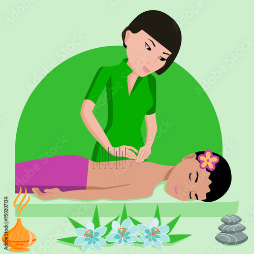 Needle Acupuncture treatment by professional acupuncturist in spa. Isolated flat vector illustration. Asian and Indian ethnicity.