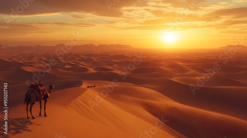 Towering sand dunes desert sunset camel caravan lone oasis realistic 3D sand dunes warm golden hour lighting soft diffused edges