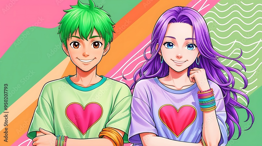 Smiling anime boy and girl with green and purple hair, hearts on shirts, colorful bracelets. Suitable for kids fashion and Valentines Day. Smiling anime boy and girl with green and purple hair, hearts on shirts, colorful bracelets. Suitable for kids fashion and Valentines Day.