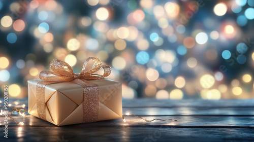 Beautifully wrapped gift box with a ribbon, surrounded by festive bokeh lights. Perfect holiday celebration atmosphere. 