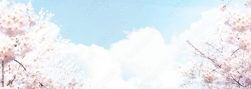Full bloom sakura and blue skies vector design background. Spring fairytale backdrop. Pink japanese cherry blossom. Watercolor style texture. Delicate card. Elegant decoration. Fantasy pastel color Full bloom sakura and blue skies vector design background. Spring fairytale backdrop. Pink japanese cherry blossom. Watercolor style texture. Delicate card. Elegant decoration. Fantasy pastel color