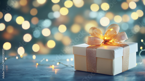 Beautifully wrapped gift box with a ribbon, surrounded by festive bokeh lights. Perfect holiday celebration atmosphere. 