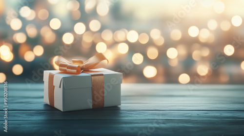 Beautifully wrapped gift box with a ribbon, surrounded by festive bokeh lights. Perfect holiday celebration atmosphere. 