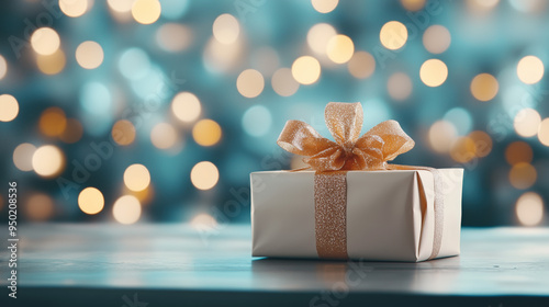 Beautifully wrapped gift box with a ribbon, surrounded by festive bokeh lights. Perfect holiday celebration atmosphere. 