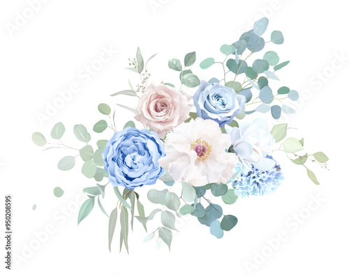 Dusty blue and blush pink rose, white magnolia, hyacinth, peony, ranunculus, greenery eucalyptus vector design bouquet. Wedding seasonal flowers. Floral watercolor composition. Isolated and editable