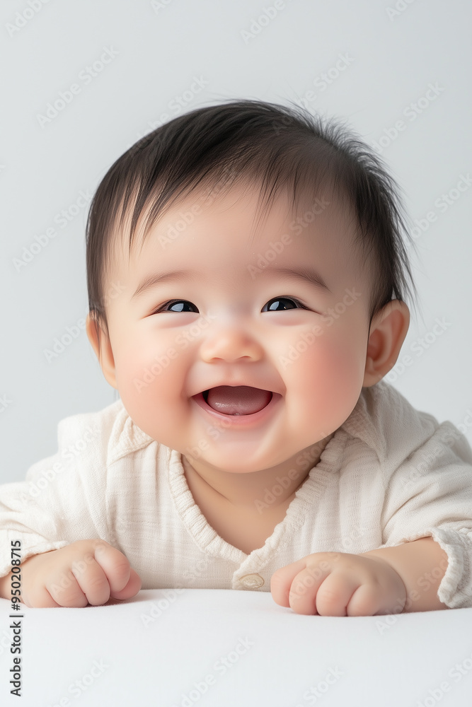 chubby asian baby 3 months old smiles strongly on white background, baby is lying on white floor chubby asian baby 3 months old smiles strongly on white background, baby is lying on white floor