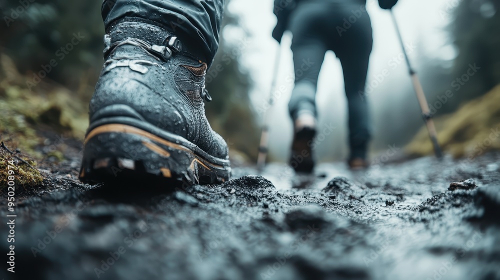 A close-up image capturing a hiker's boot stepping on a muddy forest trail, with trekking poles visible in the background amidst a misty, wooded setting. A close-up image capturing a hiker's boot stepping on a muddy forest trail, with trekking poles visible in the background amidst a misty, wooded setting.