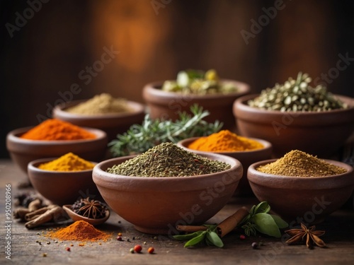 Assorted spices and herbs in clay bowls on rustic table.