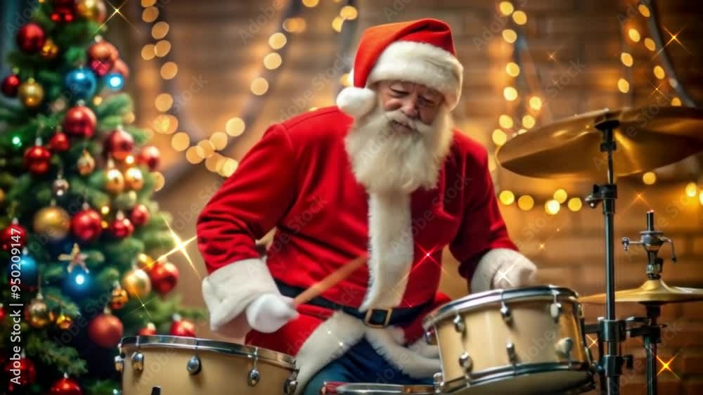 Santa Claus Playing Drum Set Against the Backdrop of Glowing Christmas Lights. Festive, Joyful Holiday Vibes