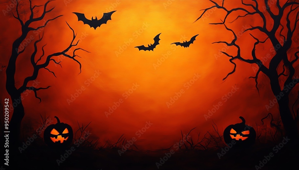 A spooky Halloween scene with glowing pumpkins, flying bats, and bare trees under an eerie orange sky. A spooky Halloween scene with glowing pumpkins, flying bats, and bare trees under an eerie orange sky.