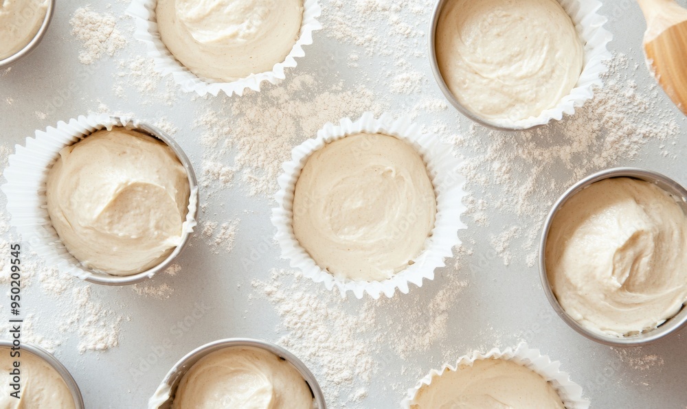 Close-Up of Muffin Batter in Paper Liners on Flour-Dusted Kitchen Counter During Morning Baking Session Close-Up of Muffin Batter in Paper Liners on Flour-Dusted Kitchen Counter During Morning Baking Session