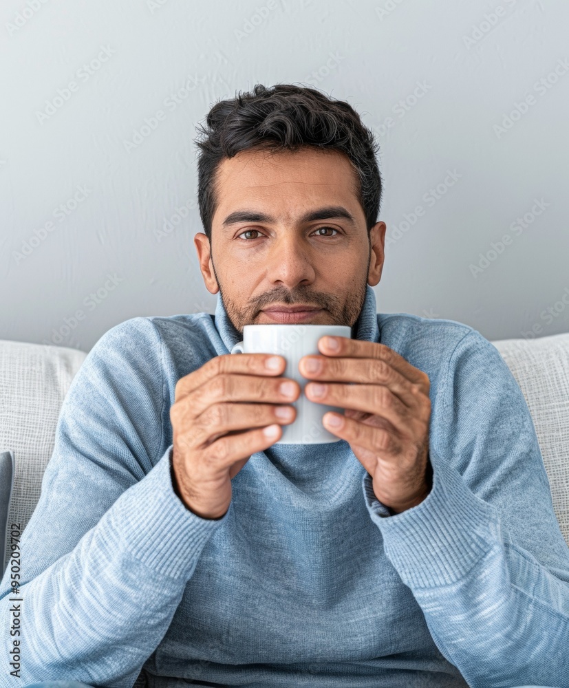 Hispanic Male in Cozy Living Room Enjoying Anxiety-Relieving Lions Mane Mushroom Tea - Soft Evening Lighting with Calming Atmosphere Hispanic Male in Cozy Living Room Enjoying Anxiety-Relieving Lions Mane Mushroom Tea - Soft Evening Lighting with Calming Atmosphere