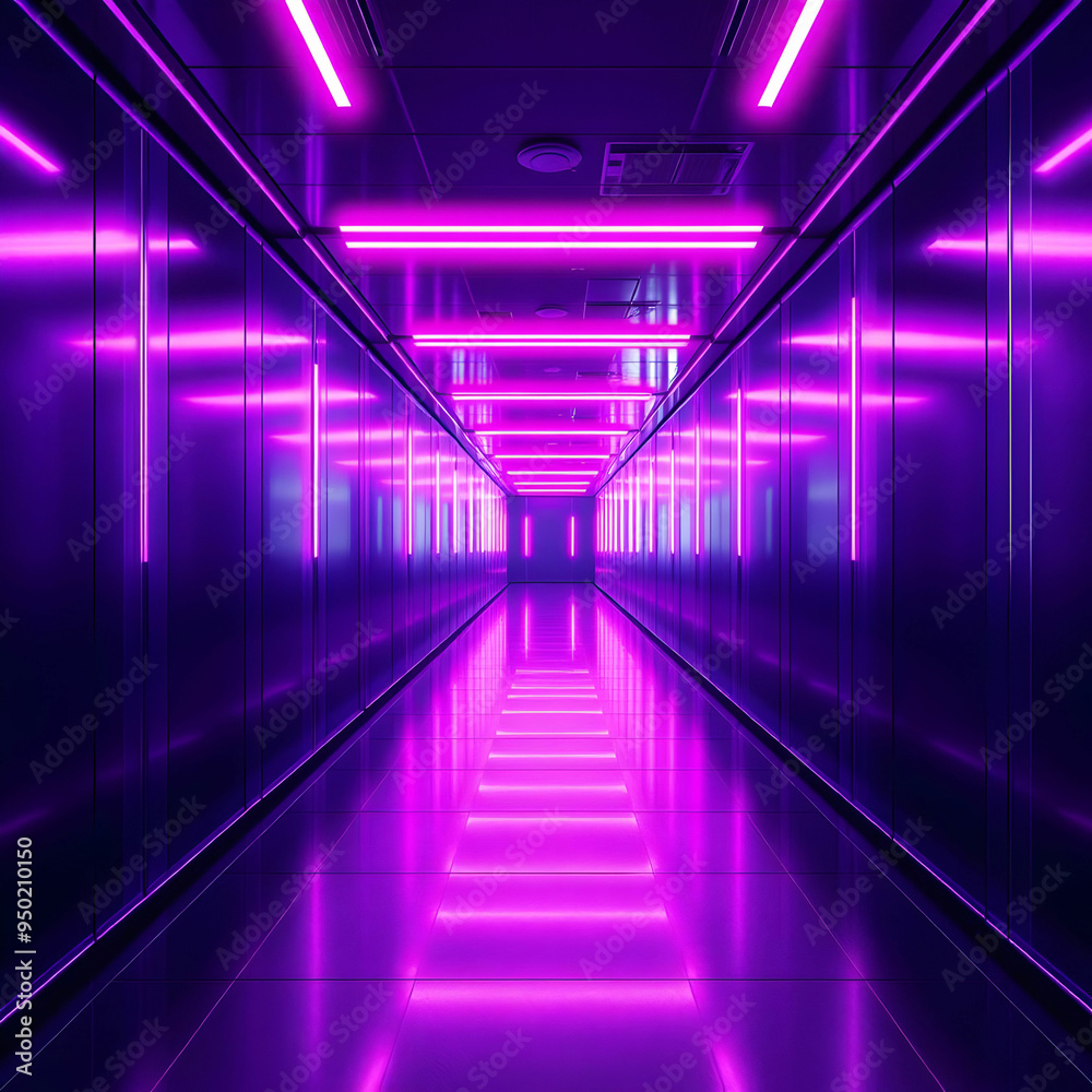 Generative AI illustration of abstract background of futuristic corridor with purple and blue neon lights Generative AI illustration of abstract background of futuristic corridor with purple and blue neon lights