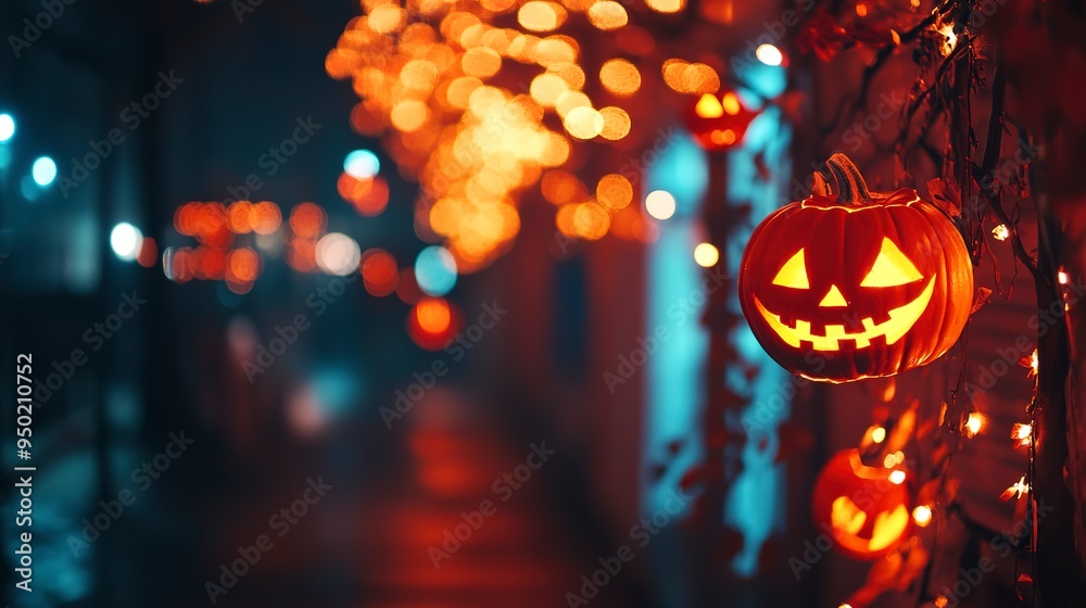 Naklejka premium Glowing pumpkin decorations of the city for the holiday. Halloween concept. Background with selective focus