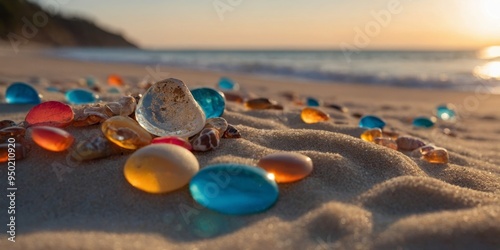 Close up of sand beach with ocean in background.