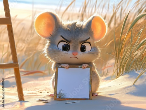 a very adorable beach mouse in front of a canevas that she is painting. The little mouse looks very serious, she is quite adorable. She has a paintbrush in her paw and is frowning at her canevas.  photo