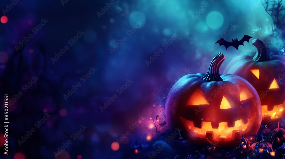 Fototapeta premium Festive halloween banner with pumpkins and dark glowing background