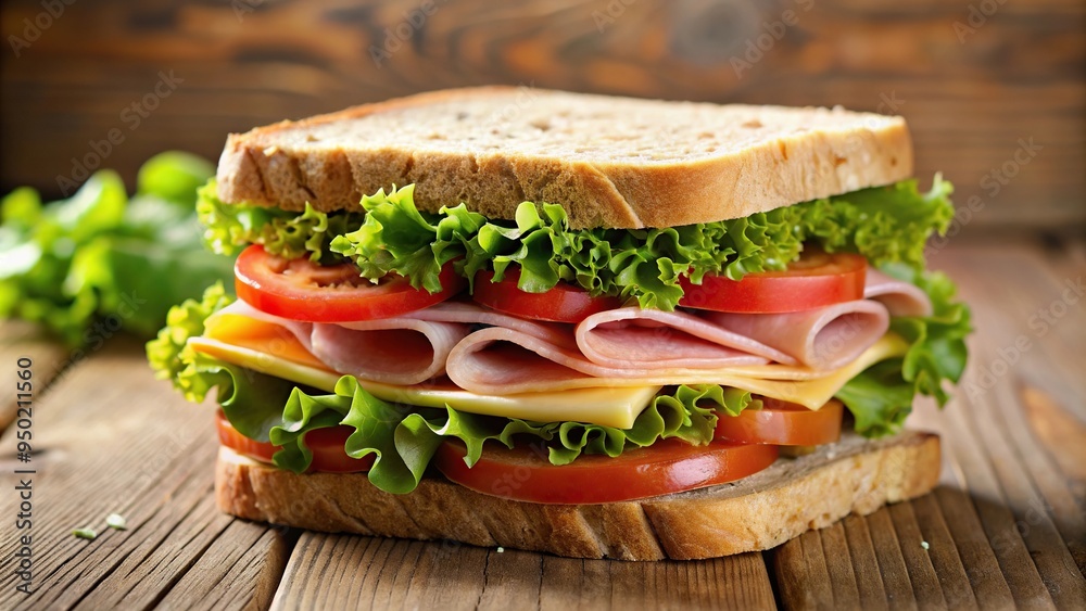 A delicious ham and cheese sandwich with lettuce and tomato on whole wheat bread, close up, artisan, sliced, appetizing, protein, lettuce, homemade, sandwich, fast food, gourmet, lunch A delicious ham and cheese sandwich with lettuce and tomato on whole wheat bread, close up, artisan, sliced, appetizing, protein, lettuce, homemade, sandwich, fast food, gourmet, lunch