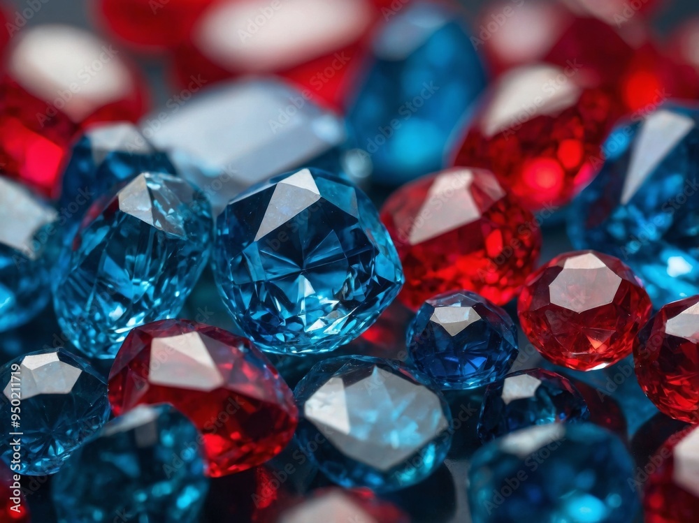 Stunning Close-up of Blue and Red Crystals with Sparkling Effects. Stunning Close-up of Blue and Red Crystals with Sparkling Effects.