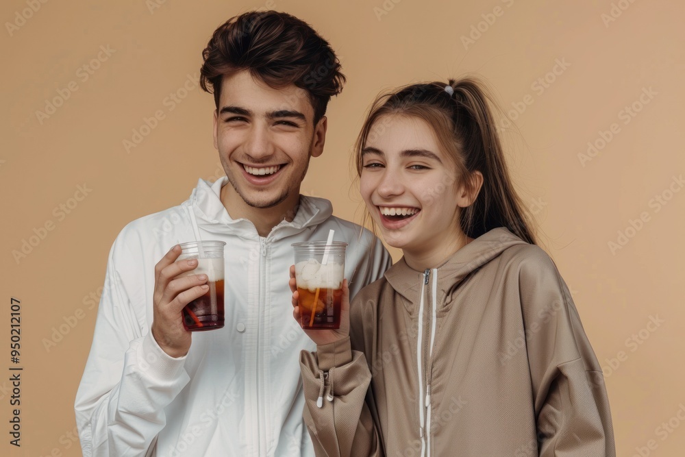 Happy siblings drinking sodas, sharing a light moment Happy siblings drinking sodas, sharing a light moment