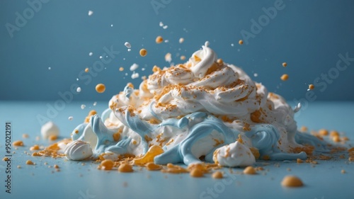 Whipped cream splatter on light blue background. photo