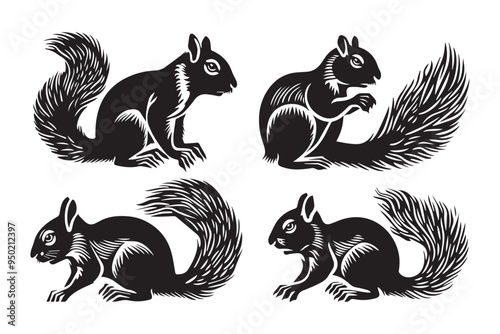 Vintage squirrel set illustration in black and white engraving style with various poses hand-drawn