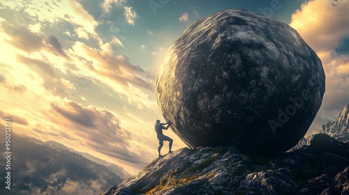 The Unwavering Resolve: A lone silhouette pushes a colossal boulder uphill against a majestic mountain sunset, symbolizing perseverance and determination in the face of adversity. 